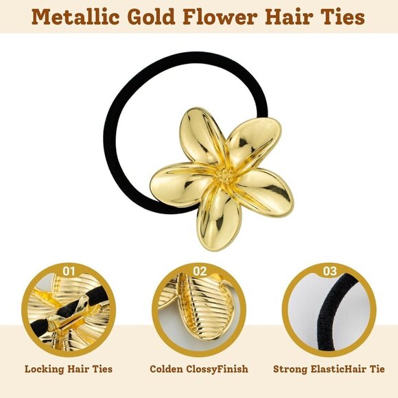 Gold Floral Hair Ties 6PC Set Metal Ponytail Holders Decorative Hair Cuffs